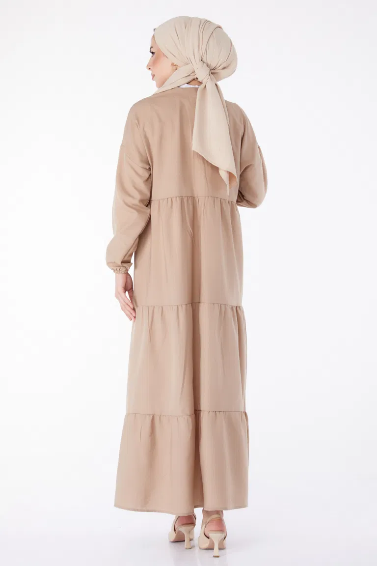 Büzgülü Pat Detaylı Elbise Vizon - 27293 - TOFİSA