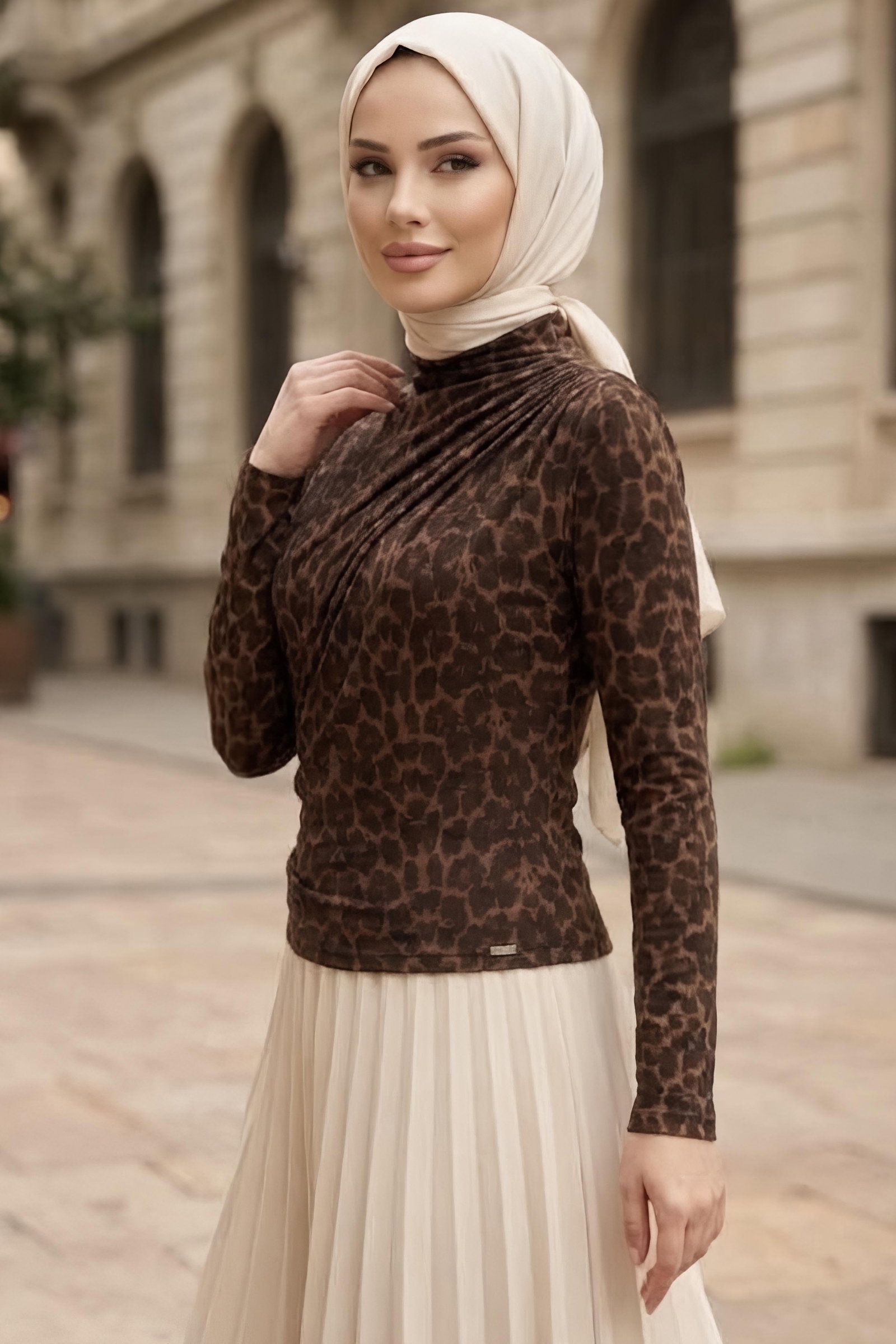 Büzgülü Yarım Balıkçı Yaka Bluz Leopar - 29088-LEOPAR - 2