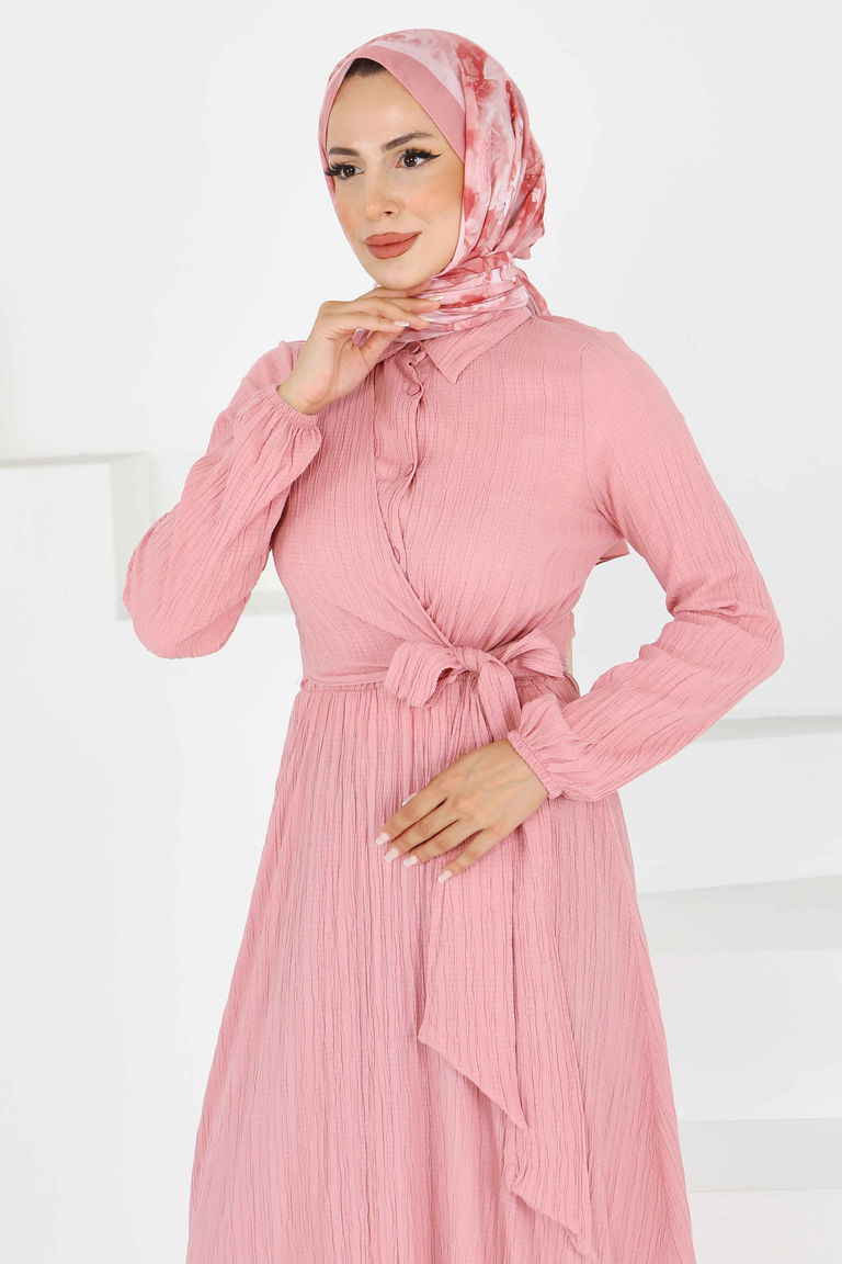 Çapraz Bağlama Bilekte Lastik Detaylı Dokuma Elbise - 27606 - TOFİSA