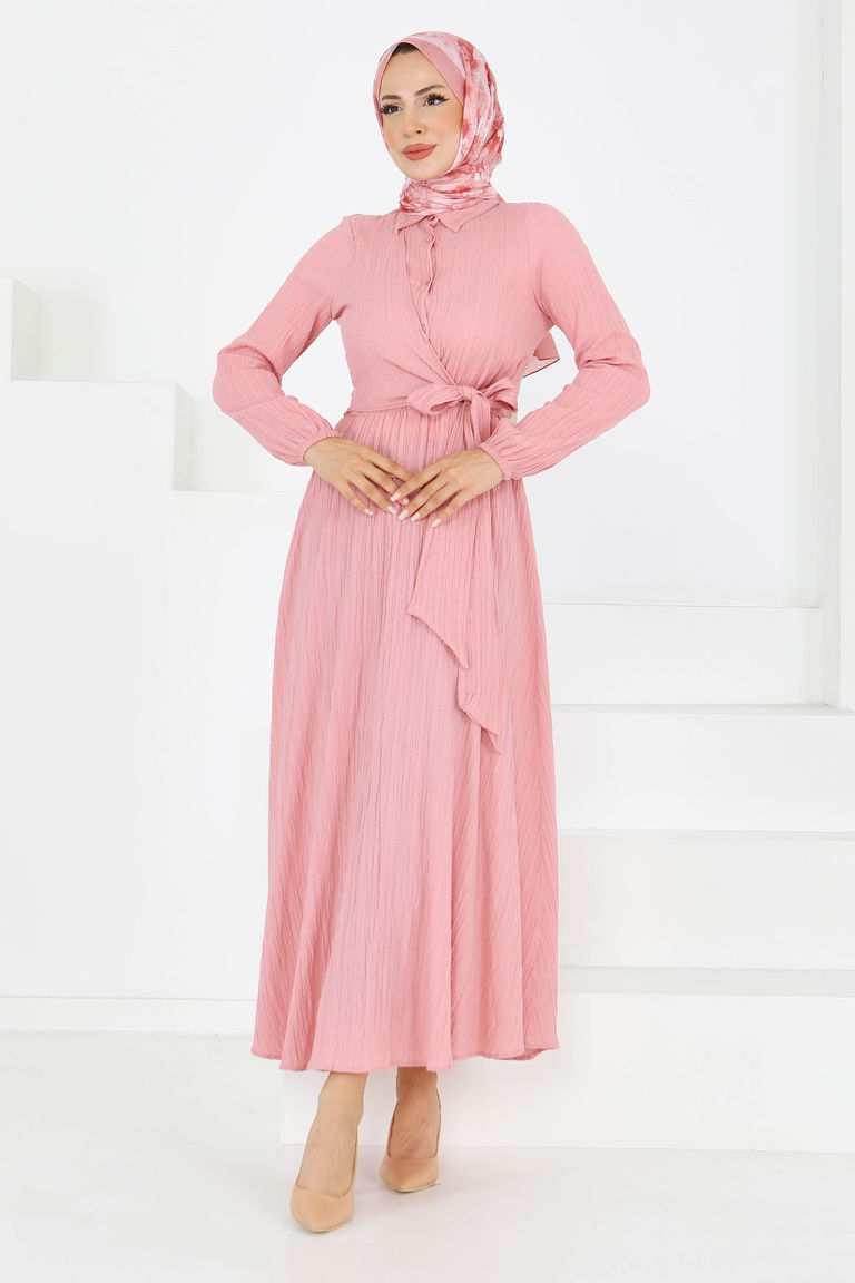 Çapraz Bağlama Bilekte Lastik Detaylı Dokuma Elbise - 27606 - TOFİSA