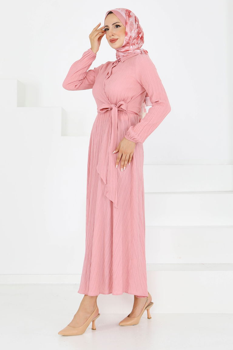 Çapraz Bağlama Bilekte Lastik Detaylı Dokuma Elbise - 27606 - TOFİSA