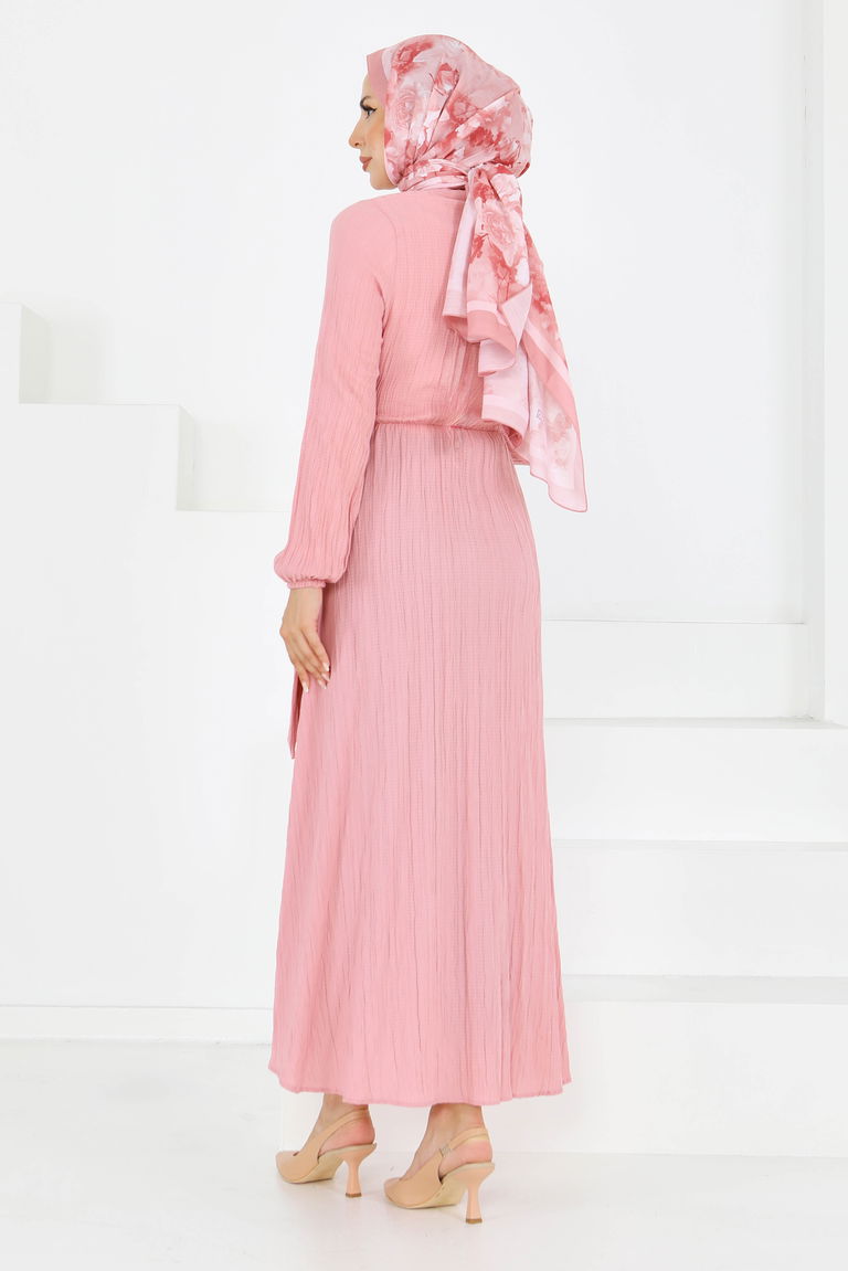 Çapraz Bağlama Bilekte Lastik Detaylı Dokuma Elbise - 27606 - TOFİSA