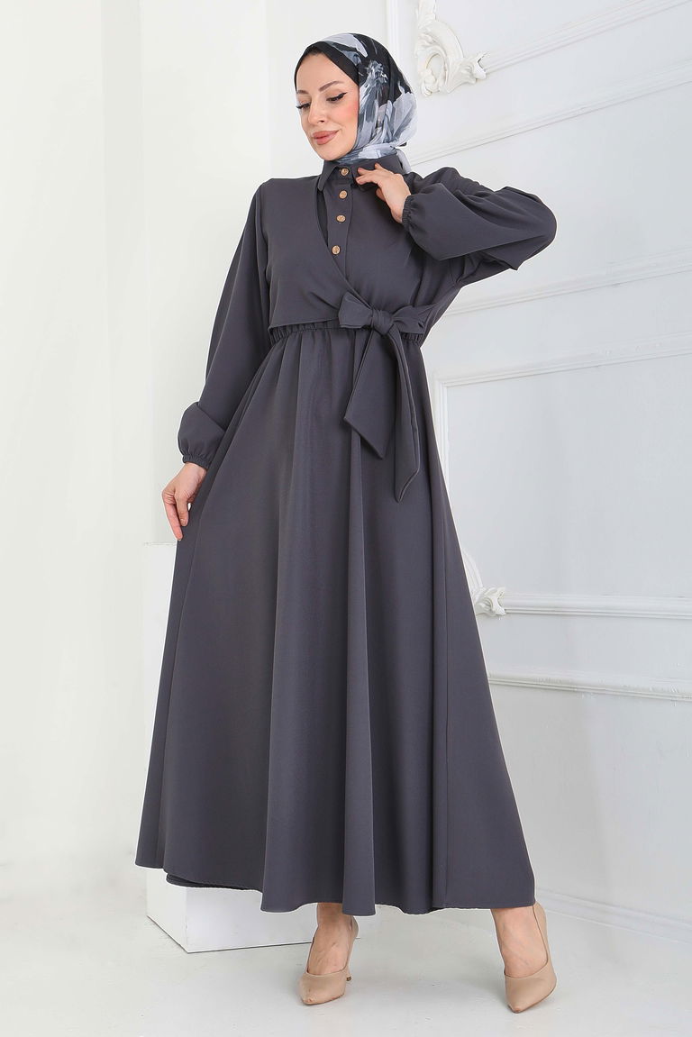 Çapraz Bağlama Bilekte Lastik Detaylı Duoble Elbise - 27864-FUME - TOFİSA