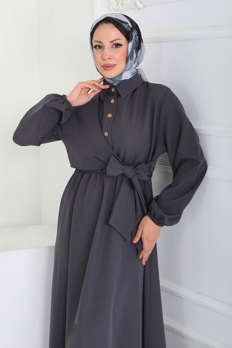 Çapraz Bağlama Bilekte Lastik Detaylı Duoble Elbise - 27864-FUME - TOFİSA