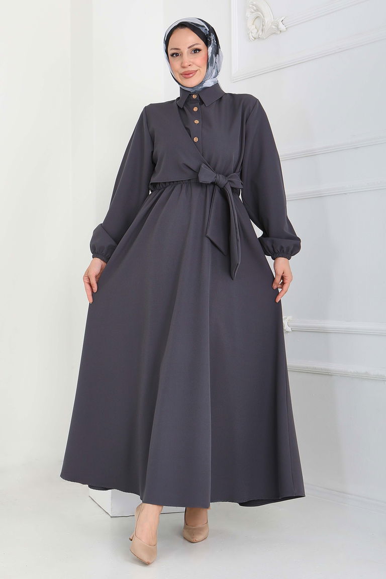 Çapraz Bağlama Bilekte Lastik Detaylı Duoble Elbise - 27864-FUME - TOFİSA