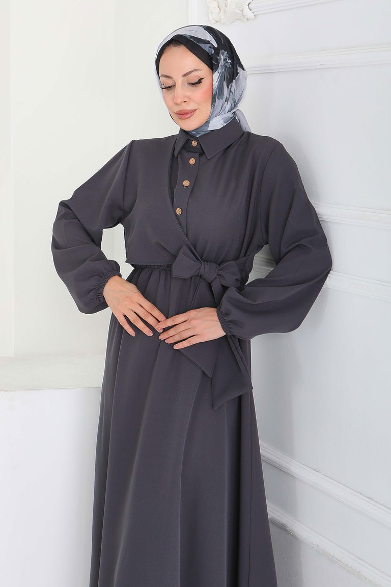 Çapraz Bağlama Bilekte Lastik Detaylı Duoble Elbise - 27864-FUME - TOFİSA