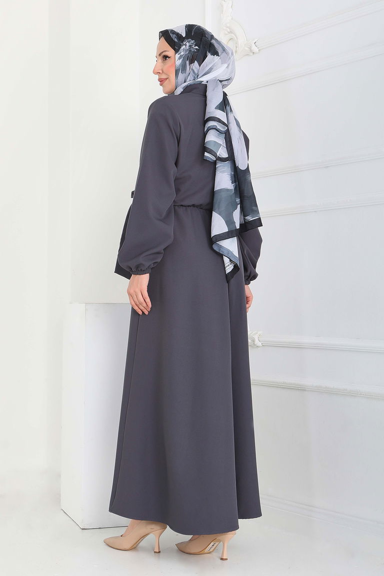 Çapraz Bağlama Bilekte Lastik Detaylı Duoble Elbise - 27864-FUME - TOFİSA