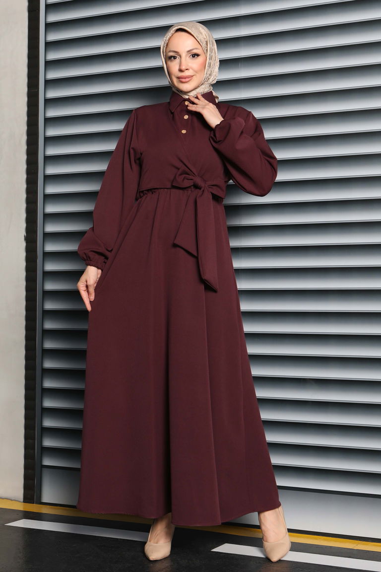 Çapraz Bağlama Bilekte Lastik Detaylı Duoble Elbise - 27864-MURDUM - TOFİSA
