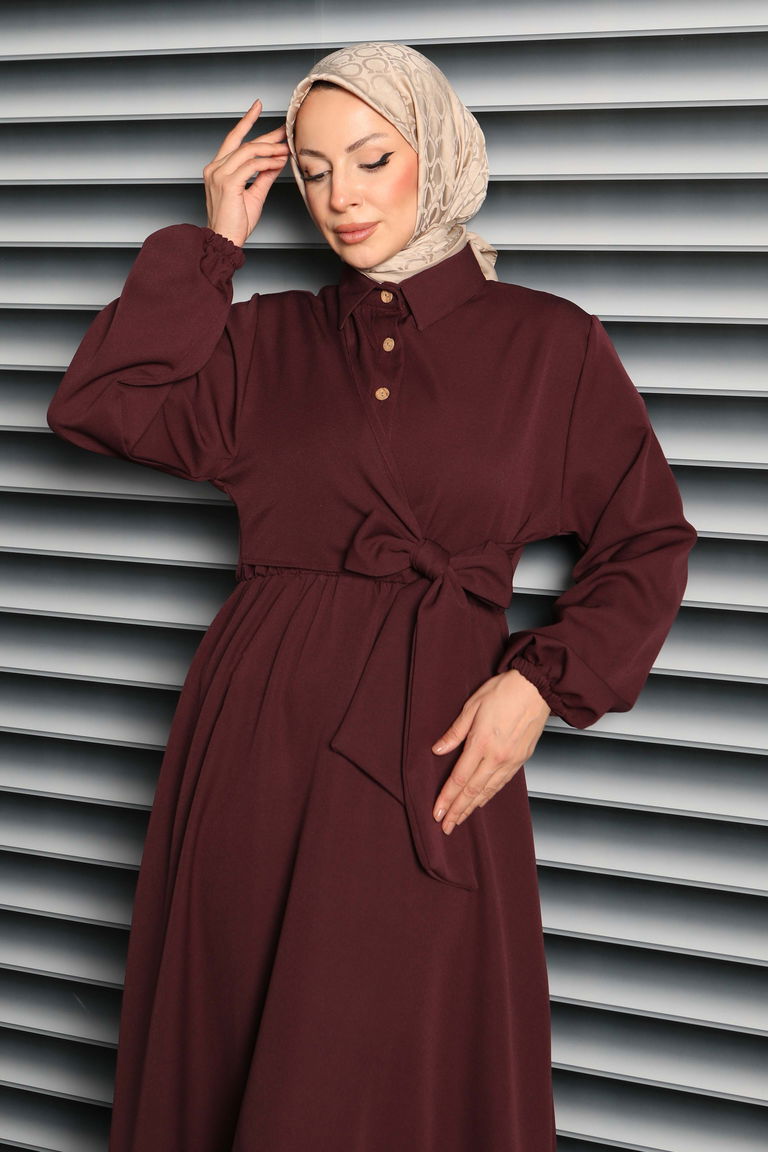 Çapraz Bağlama Bilekte Lastik Detaylı Duoble Elbise - 27864-MURDUM - TOFİSA