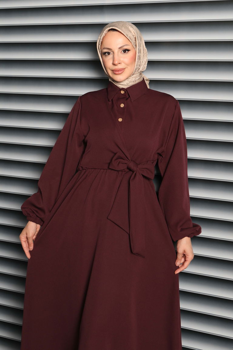 Çapraz Bağlama Bilekte Lastik Detaylı Duoble Elbise - 27864-MURDUM - TOFİSA