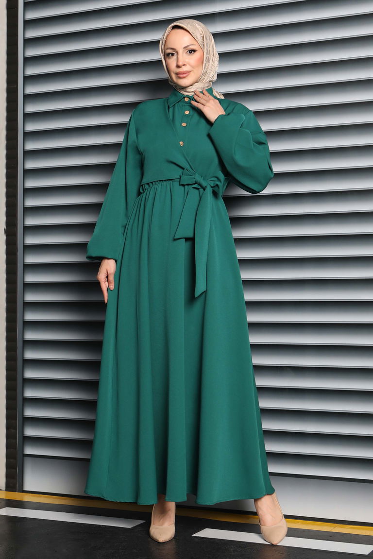 Çapraz Bağlama Bilekte Lastik Detaylı Duoble Elbise - 27864-ZUMRUT - TOFİSA