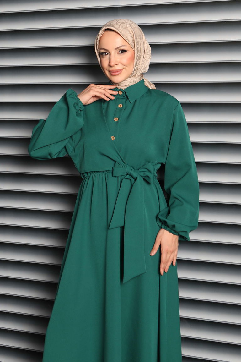 Çapraz Bağlama Bilekte Lastik Detaylı Duoble Elbise - 27864-ZUMRUT - TOFİSA