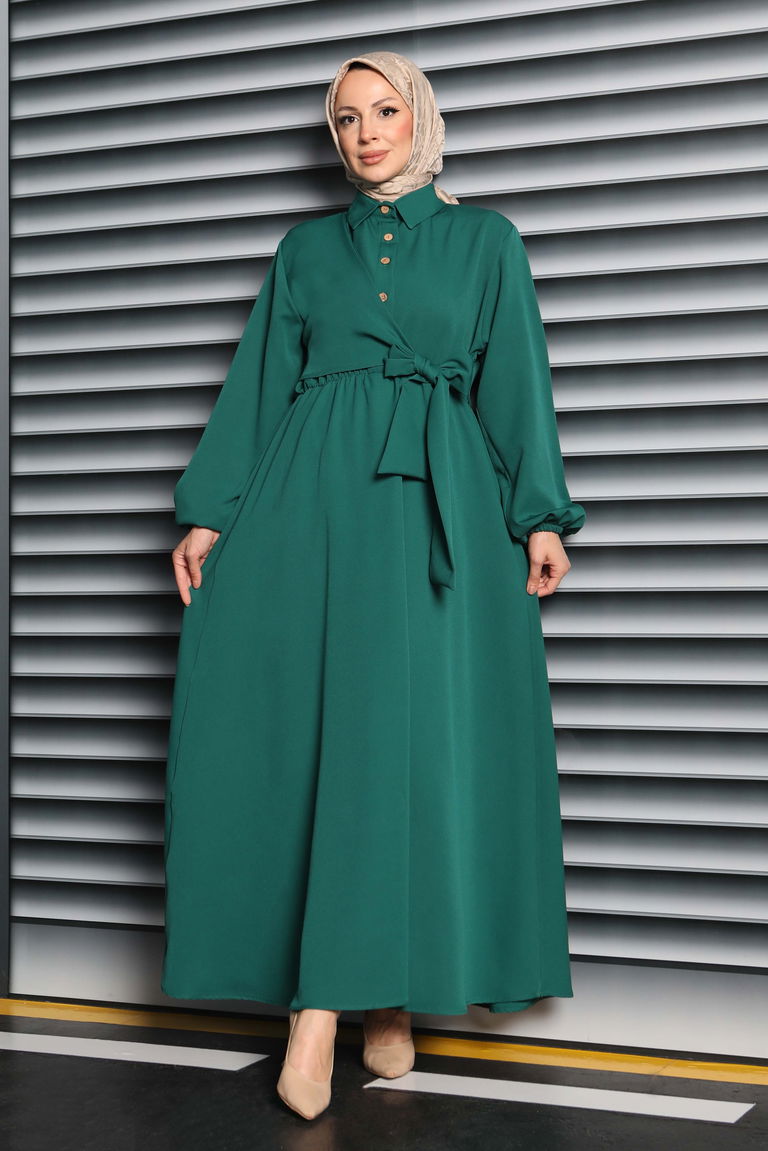 Çapraz Bağlama Bilekte Lastik Detaylı Duoble Elbise - 27864-ZUMRUT - TOFİSA