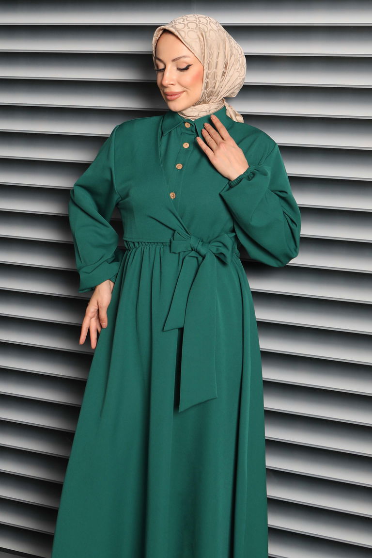 Çapraz Bağlama Bilekte Lastik Detaylı Duoble Elbise - 27864-ZUMRUT - TOFİSA