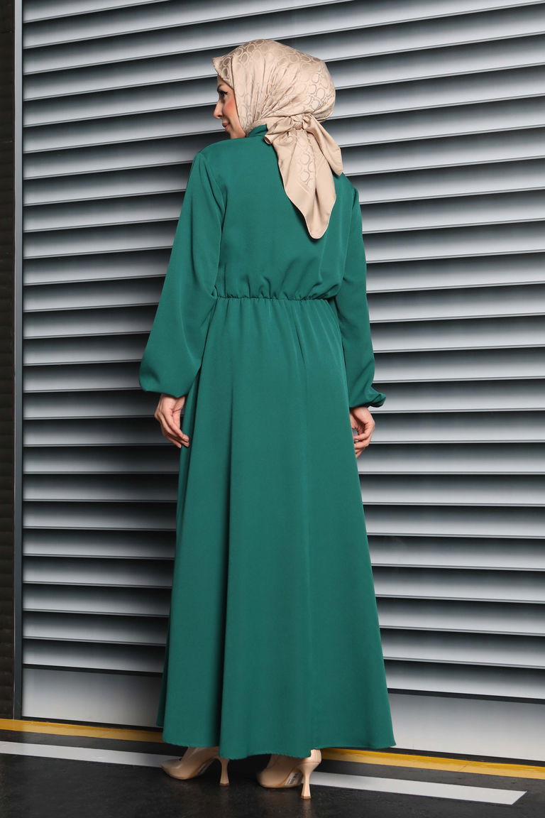 Çapraz Bağlama Bilekte Lastik Detaylı Duoble Elbise - 27864-ZUMRUT - TOFİSA