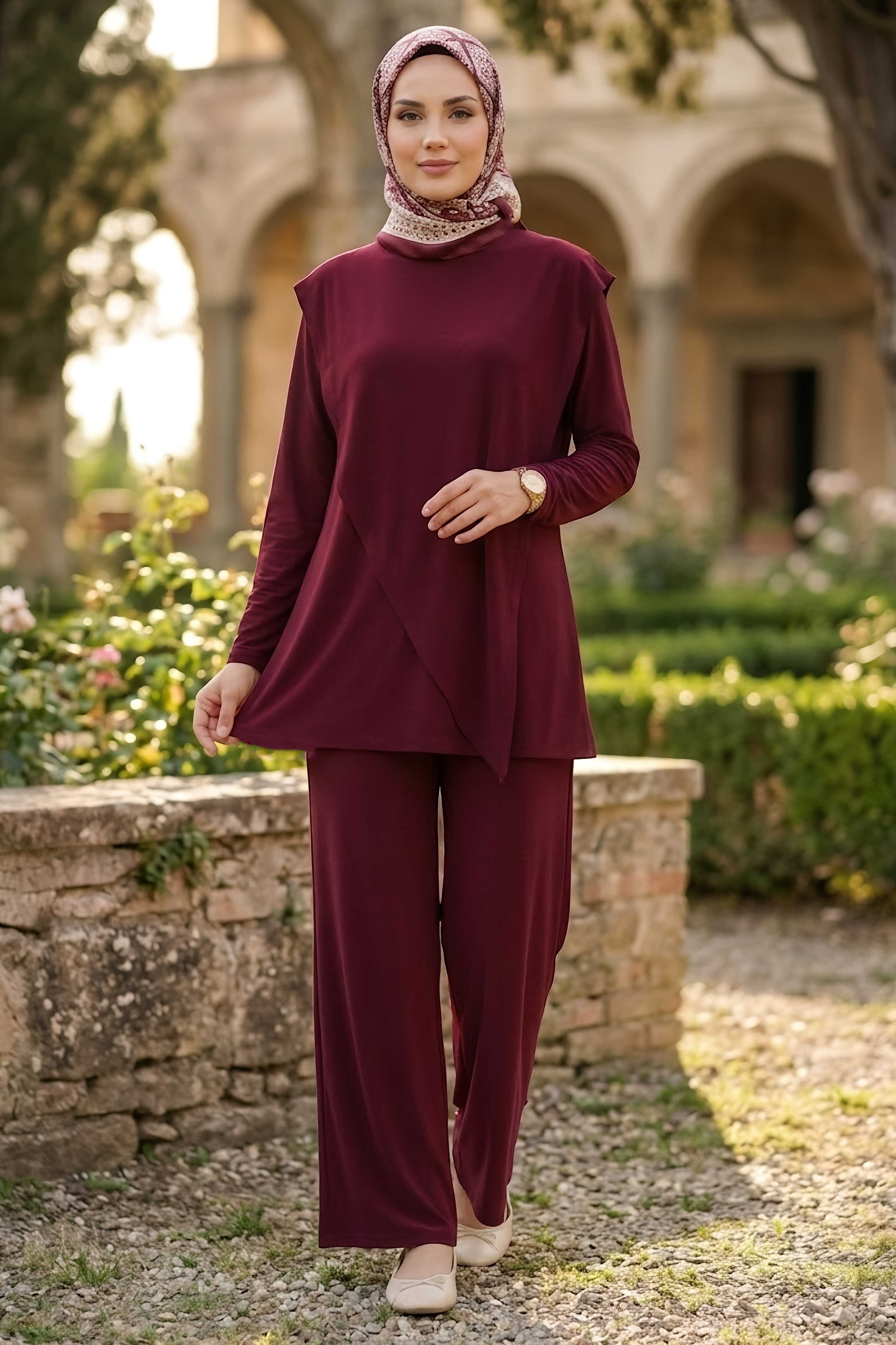 Çapraz Pelerin Detayllı Takım Bordo - 28701-BORDO - 2