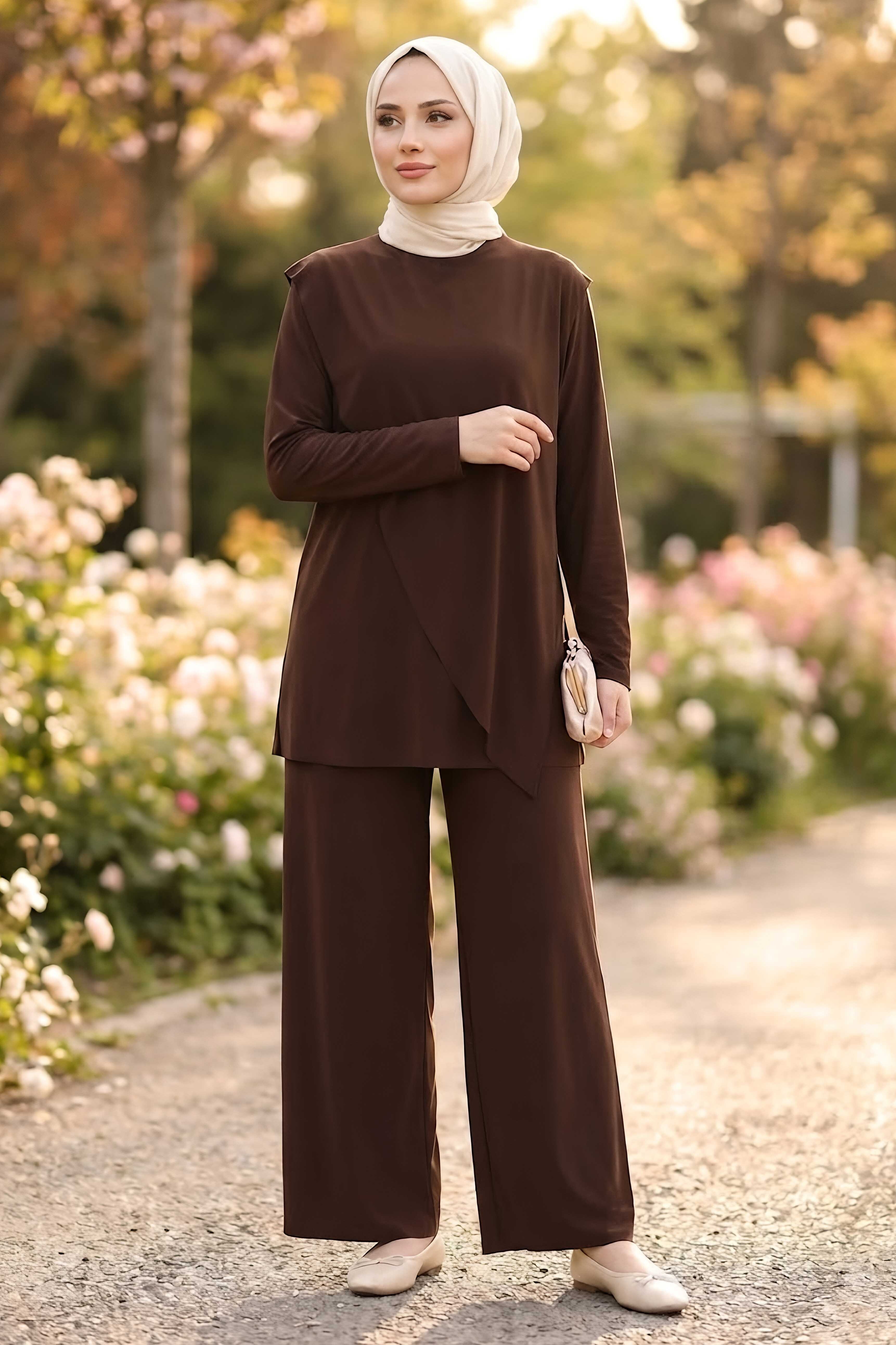 Çapraz Pelerin Detayllı Takım Kahve - 28701-KAHVE - 1