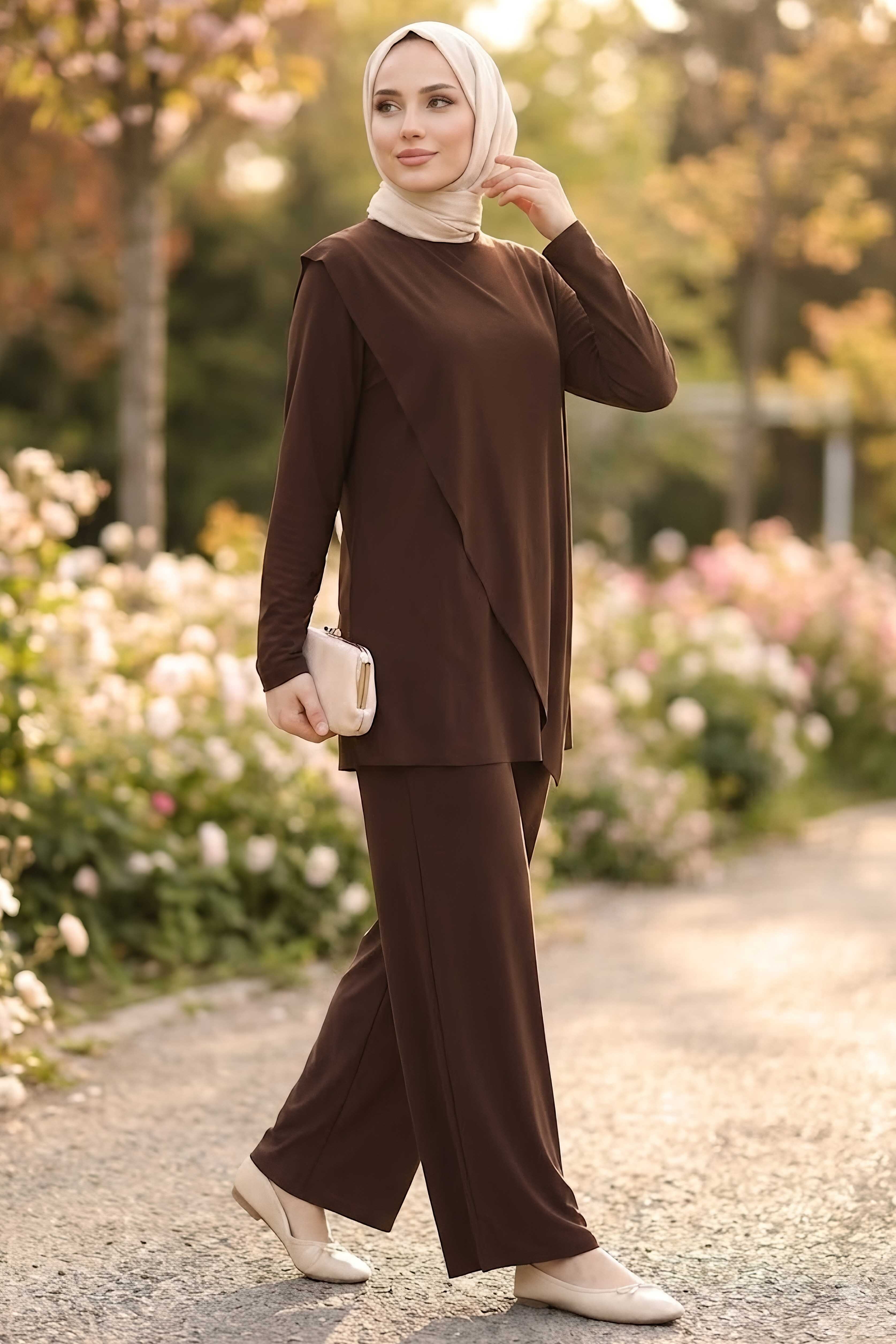 Çapraz Pelerin Detayllı Takım Kahve - 28701-KAHVE - 2
