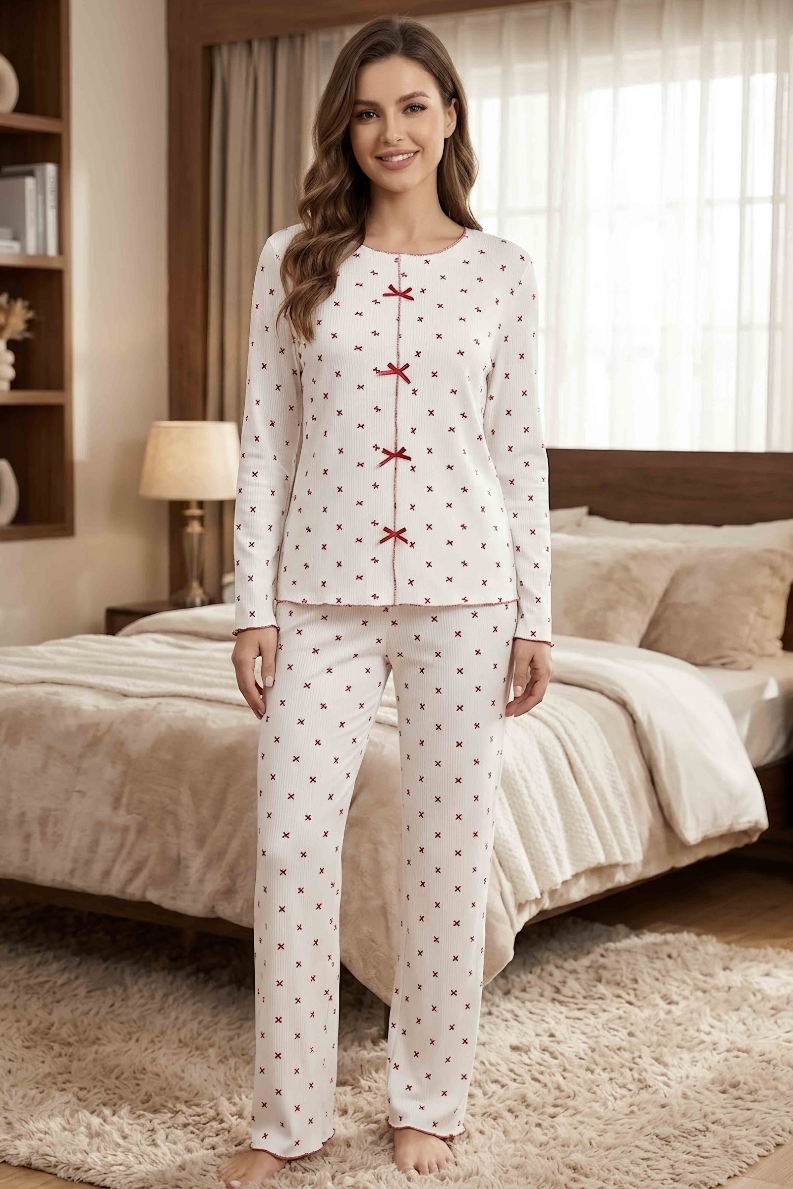 Cares Uzun Kollu Fiyoklu Pijama Takımı Beyaz Kirmizi - 29093-BEYAZ-KIRMIZI - 1