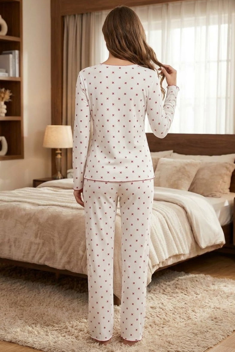 Cares Uzun Kollu Fiyoklu Pijama Takımı Beyaz Kirmizi - 29093-BEYAZ-KIRMIZI - 2
