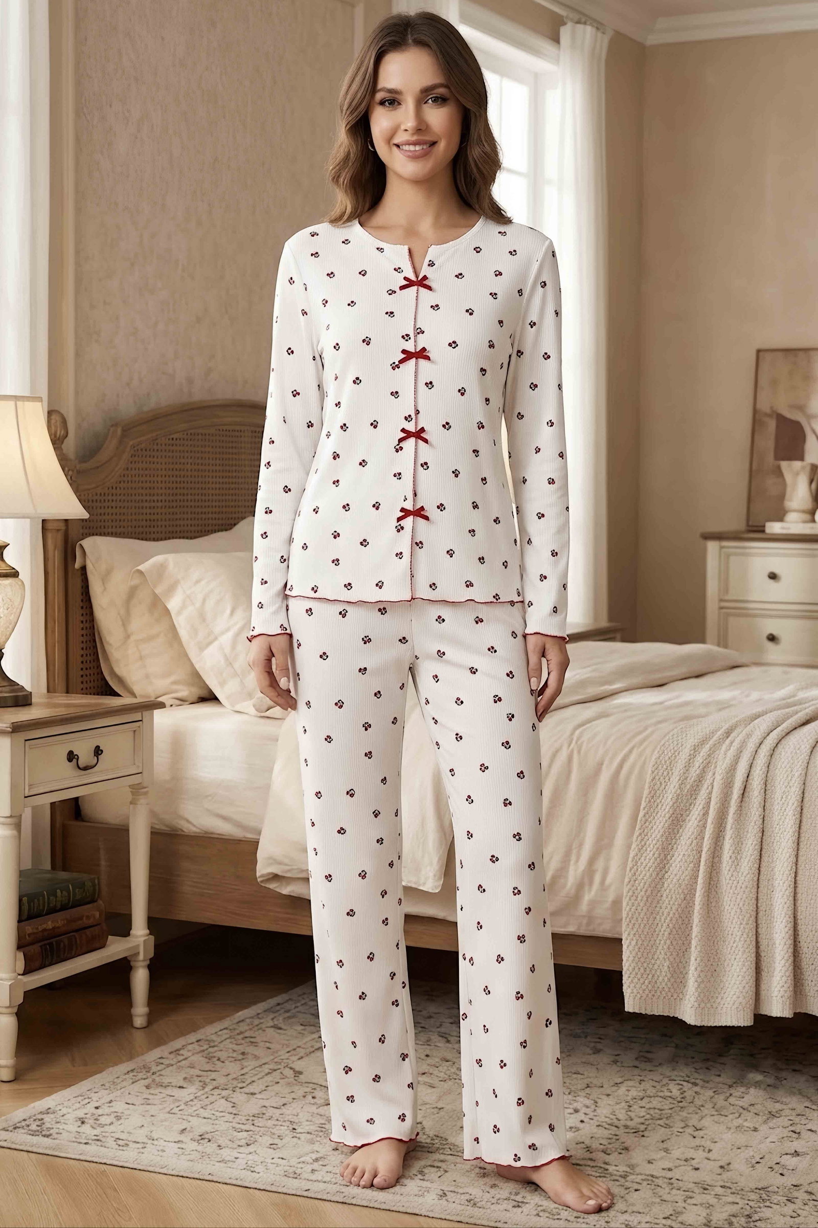 Cares Uzun Kollu Fiyoklu Pijama Takımı Kirmizi - 29093-KIRMIZI - 1