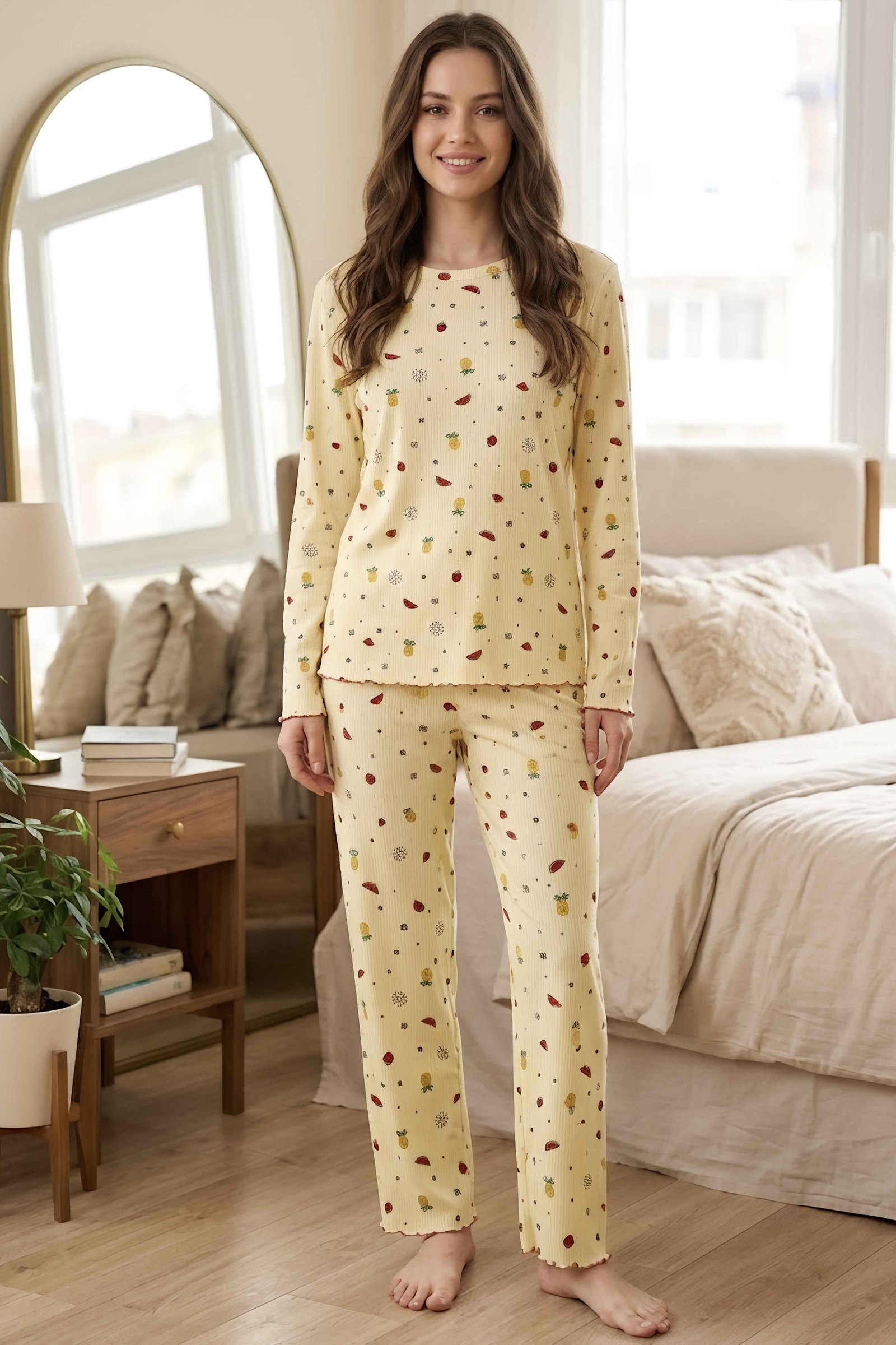 Cares Uzun Kollu Fiyoklu Pijama Takımı Sari - 29091-SARI - 1