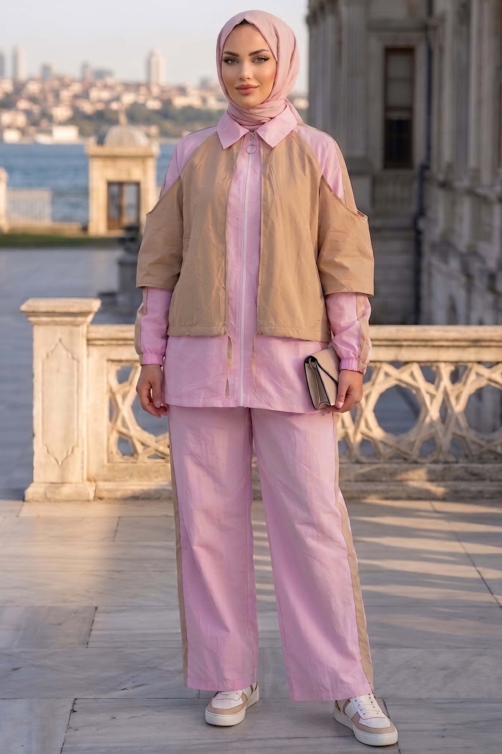 Ceket Detaylı Pelerinli İkili Takım Pembe - 28840-PEMBE - 1