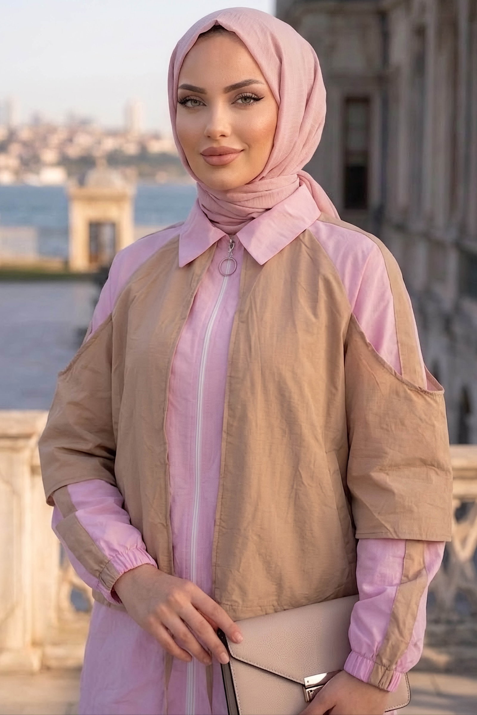Ceket Detaylı Pelerinli İkili Takım Pembe - 28840-PEMBE - 2