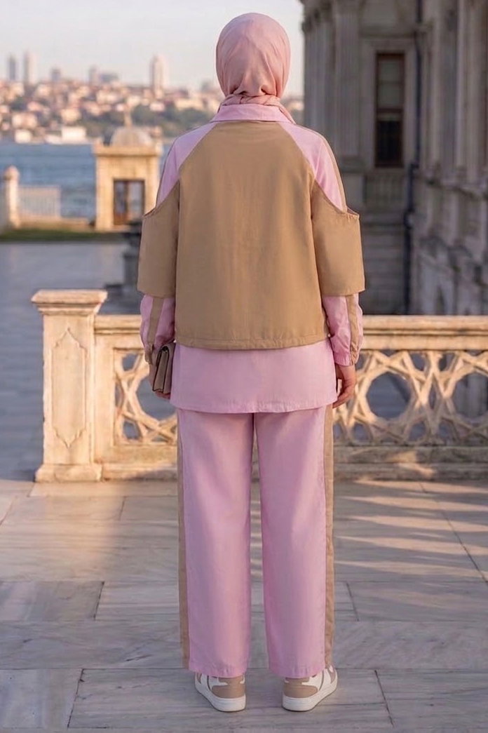 Ceket Detaylı Pelerinli İkili Takım Pembe - 28840-PEMBE - 3