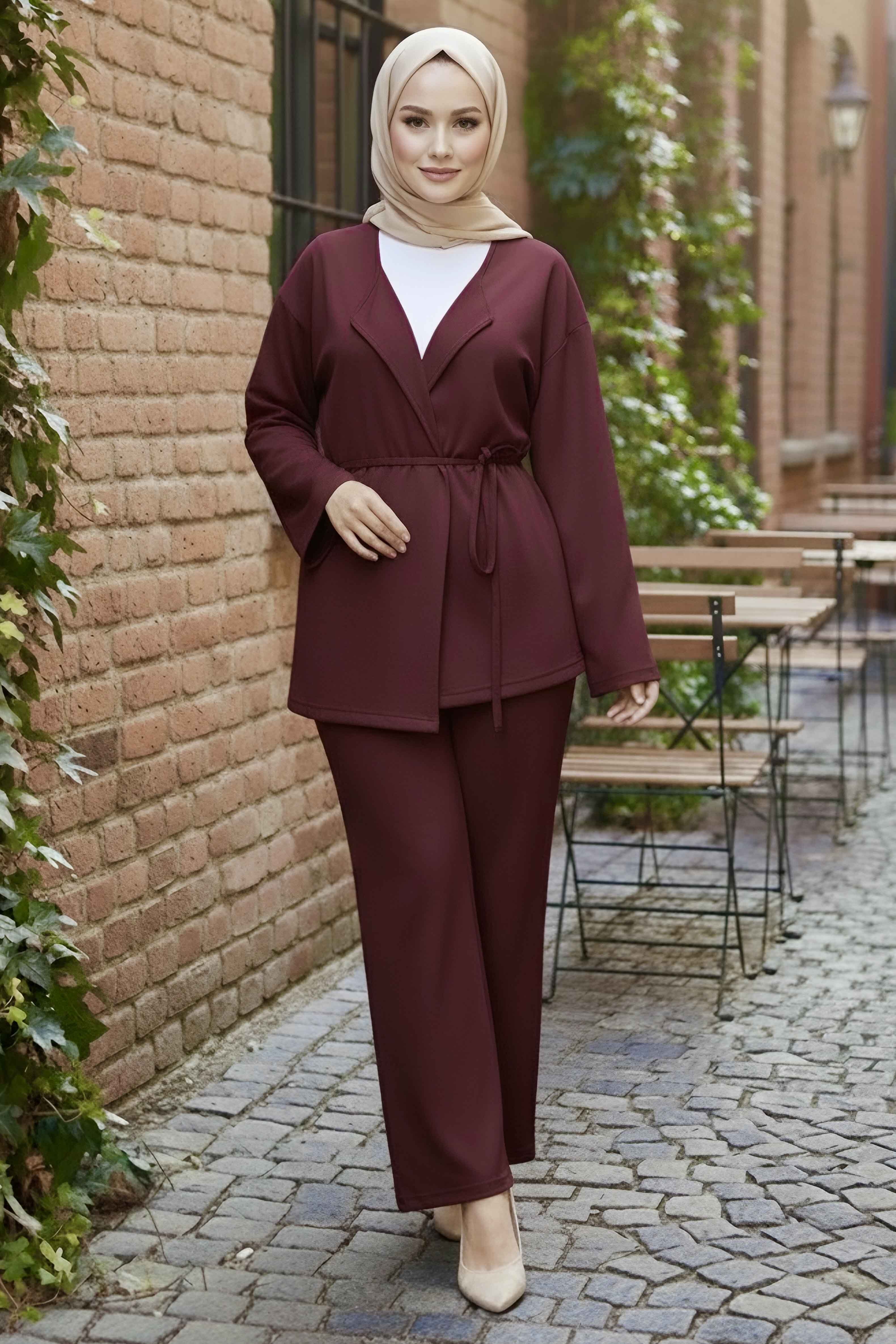 Ceket Pantolon Bluz Modal Üçlü Takım - 28046-BORDO - 1