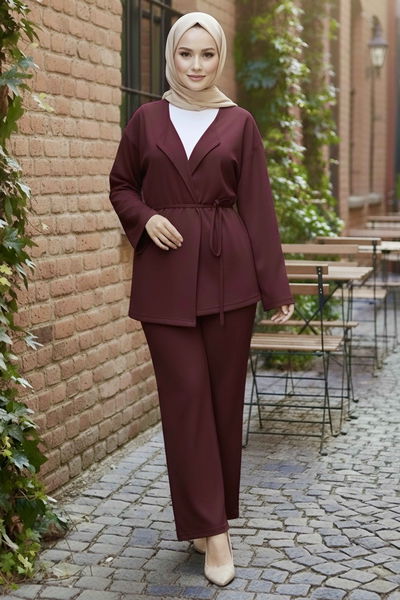 Ceket Pantolon Bluz Modal Üçlü Takım - 28046-BORDO 