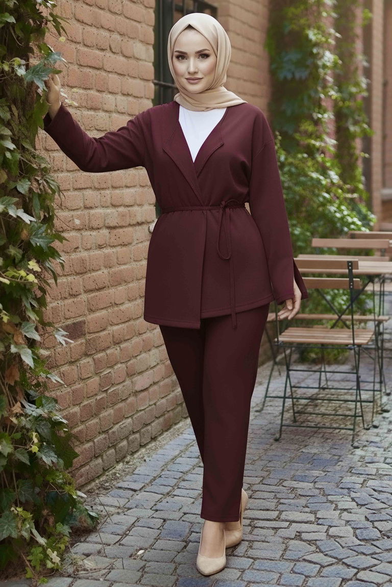 Ceket Pantolon Bluz Modal Üçlü Takım - 28046-BORDO - TOFİSA