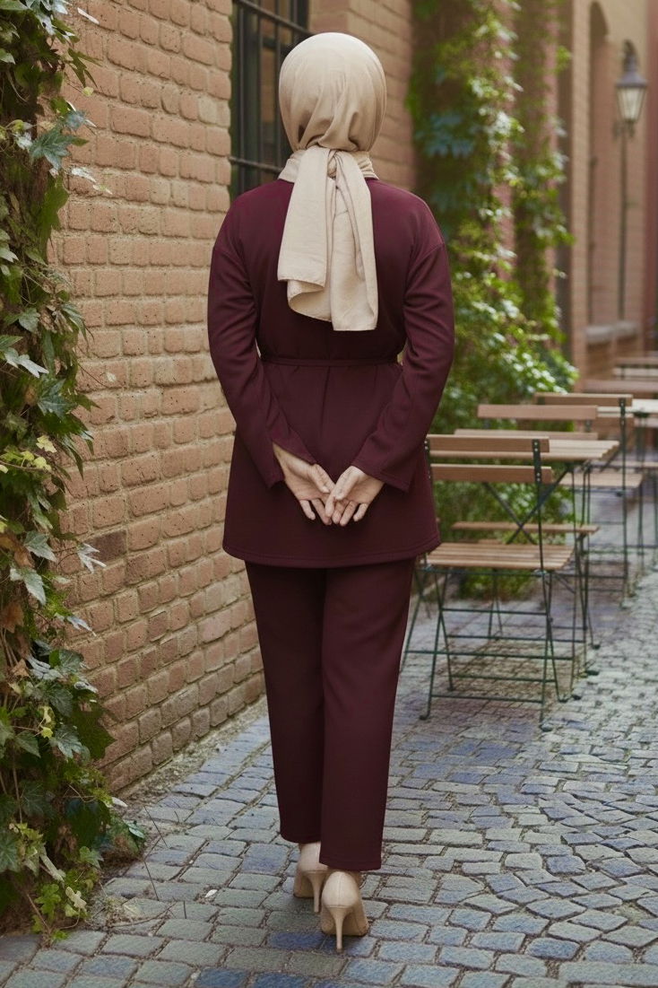 Ceket Pantolon Bluz Modal Üçlü Takım - 28046-BORDO - TOFİSA