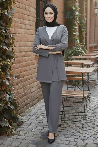 Ceket Pantolon Bluz Modal Üçlü Takım - 28046-GRI 