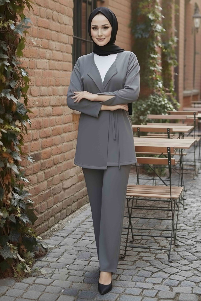 Ceket Pantolon Bluz Modal Üçlü Takım - 28046-GRI - TOFİSA