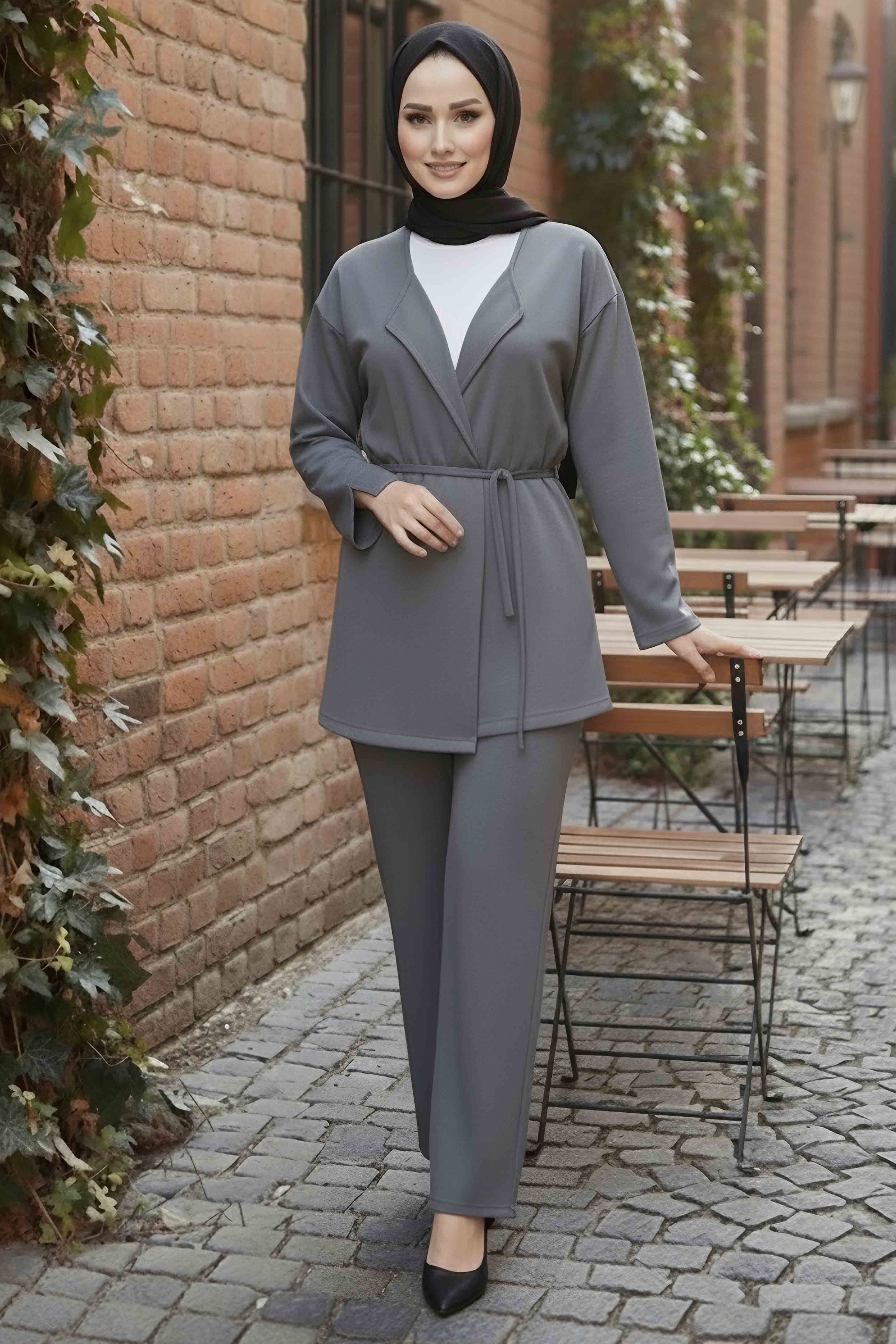 Ceket Pantolon Bluz Modal Üçlü Takım - 28046-GRI - 2