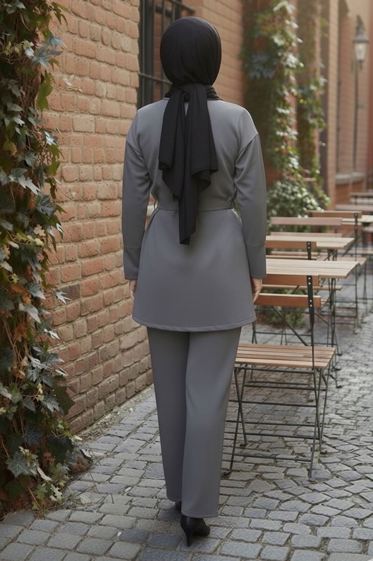 Ceket Pantolon Bluz Modal Üçlü Takım - 28046-GRI - 3