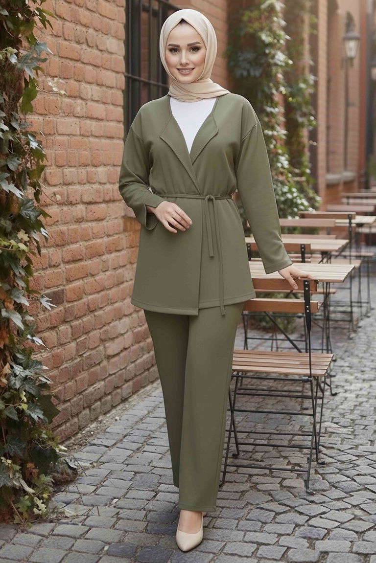 Ceket Pantolon Bluz Modal Üçlü Takım - 28046-HAKI - TOFİSA