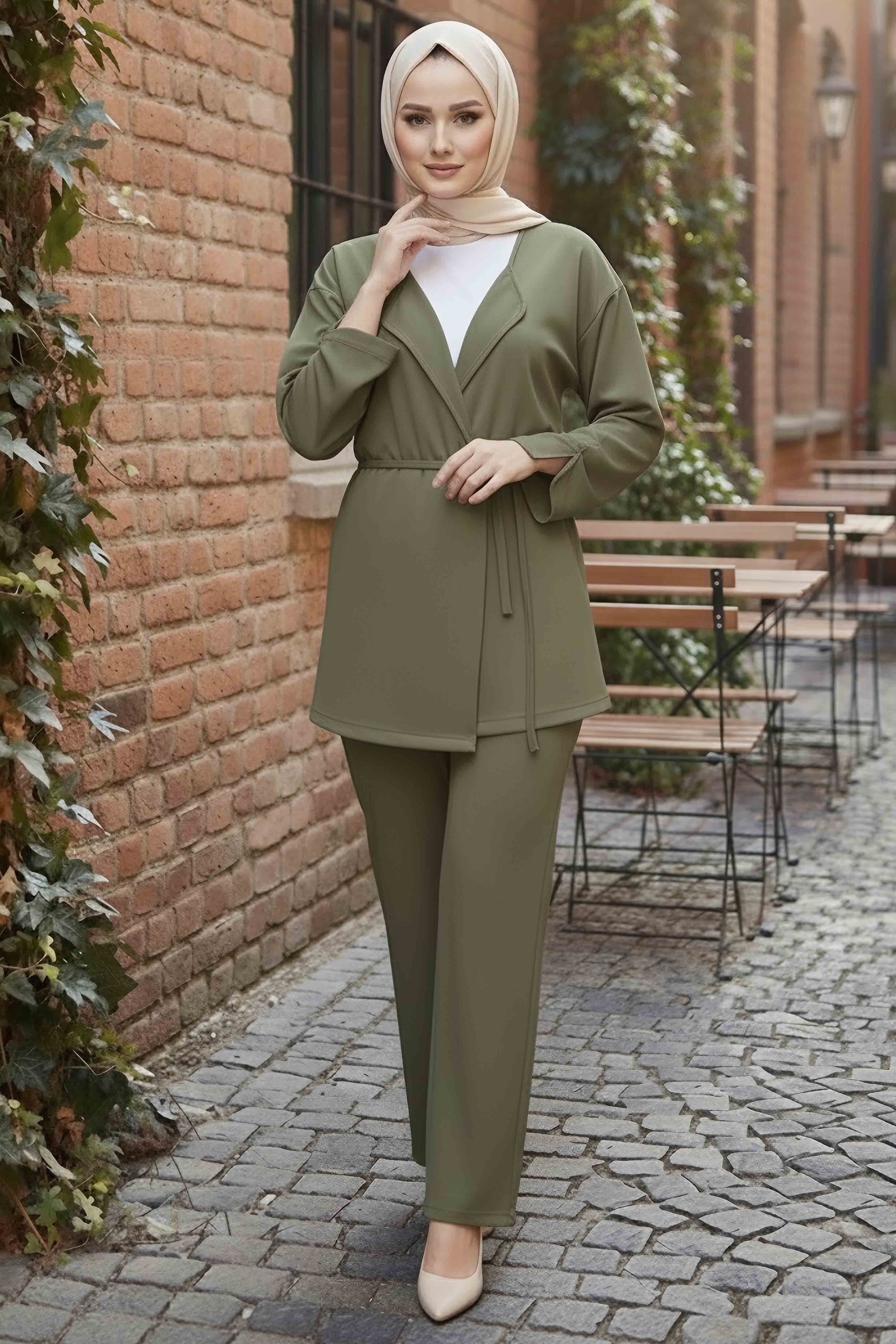 Ceket Pantolon Bluz Modal Üçlü Takım - 28046-HAKI - 2