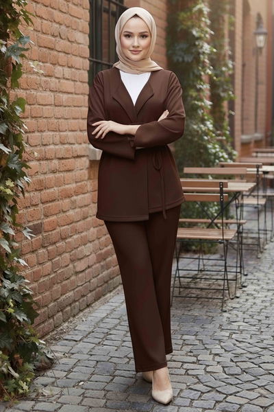 Ceket Pantolon Bluz Modal Üçlü Takım - 28046-KAHVE 