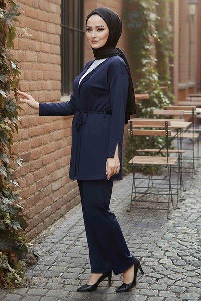 Ceket Pantolon Bluz Modal Üçlü Takım - 28046-LACIVERT 
