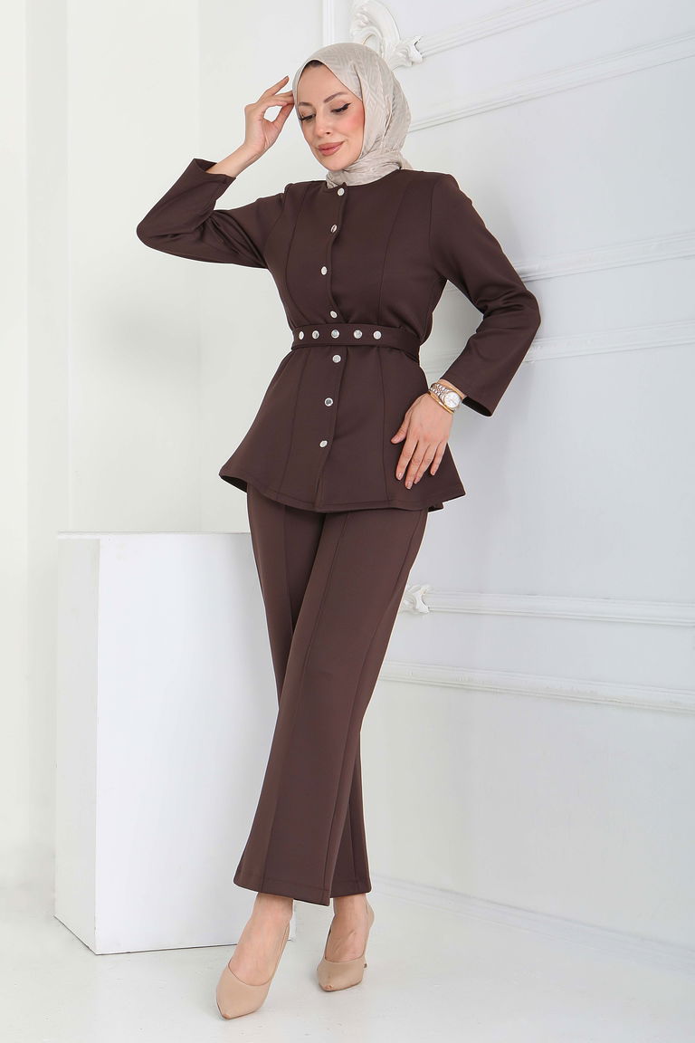 Ceket Pantolon Scuba İkili Takım - 27839-KAHVE - TOFİSA