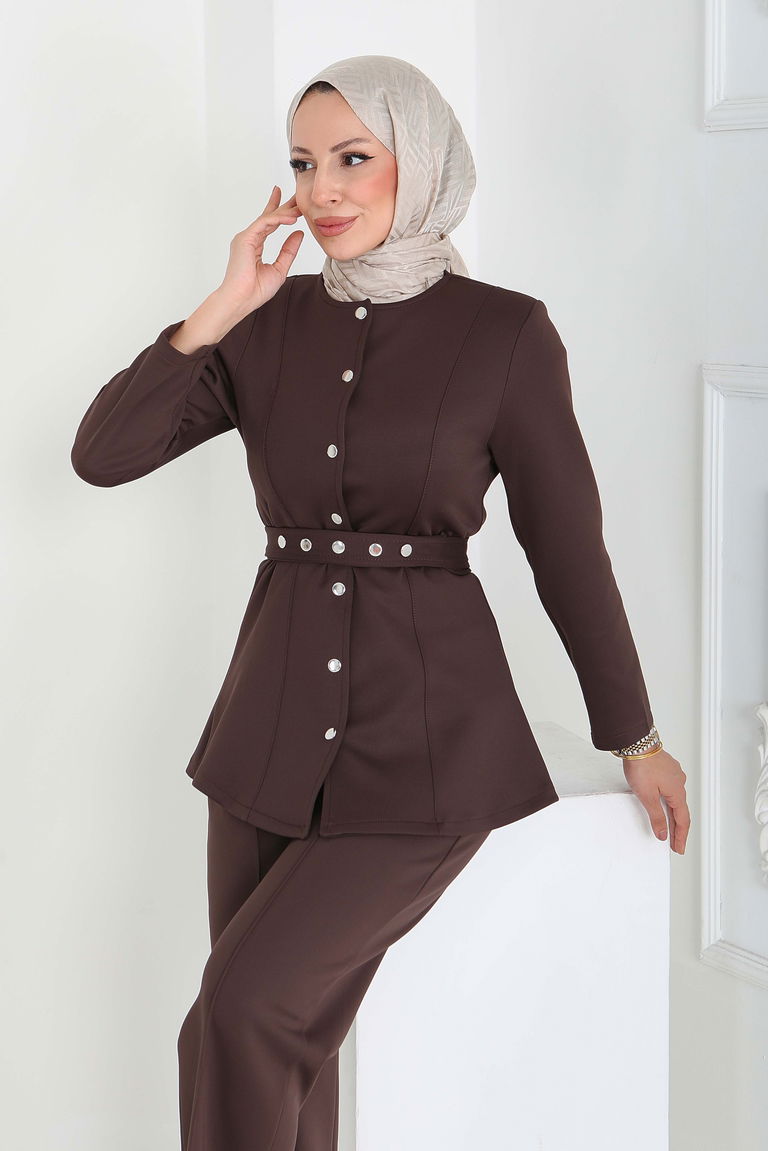 Ceket Pantolon Scuba İkili Takım - 27839-KAHVE - TOFİSA