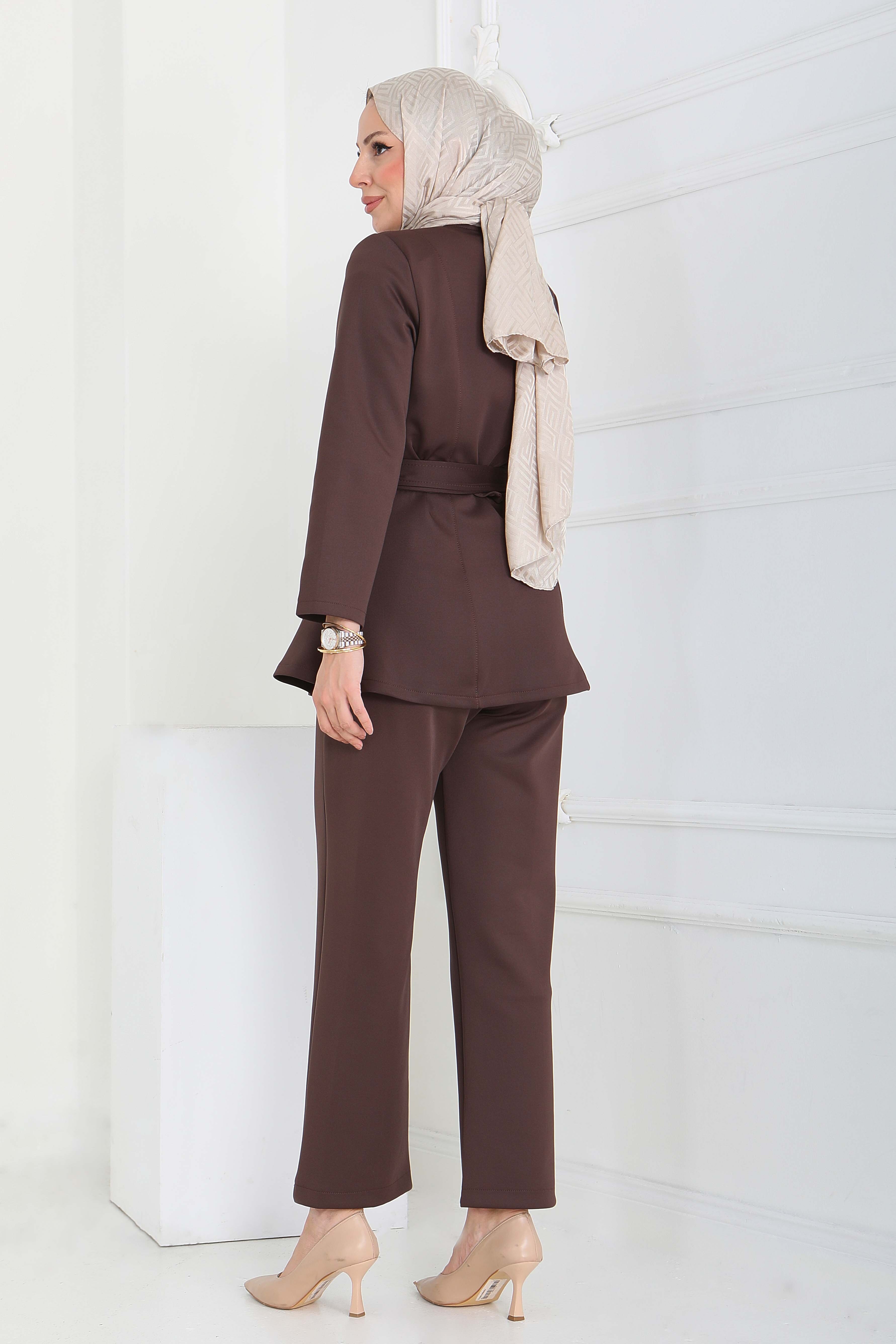 Ceket Pantolon Scuba İkili Takım - 27839-KAHVE - 5