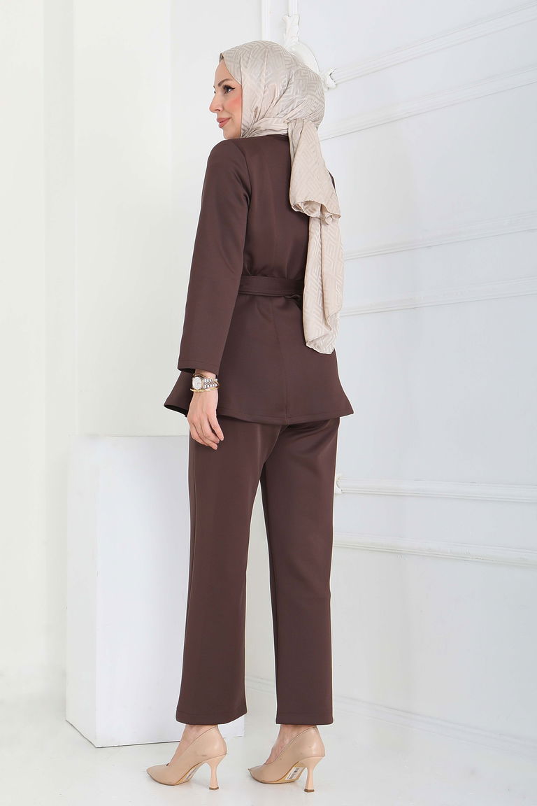 Ceket Pantolon Scuba İkili Takım - 27839-KAHVE - TOFİSA