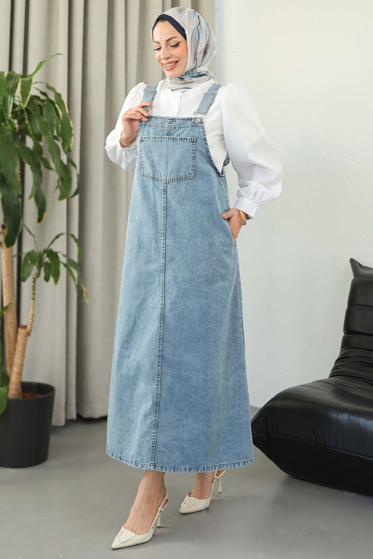 Cep Detaylı Askılı kot Salopet - 27833-BUZ-MAVI - TOFİSA