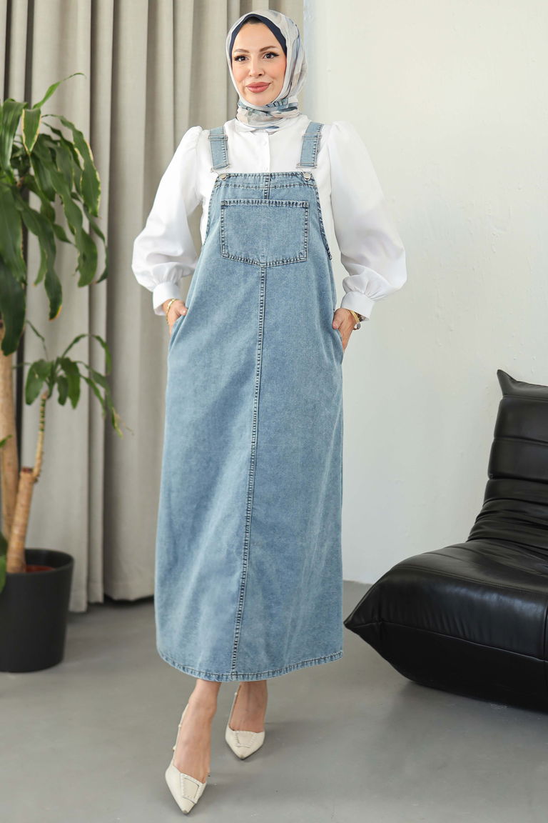 Cep Detaylı Askılı kot Salopet - 27833-BUZ-MAVI - TOFİSA