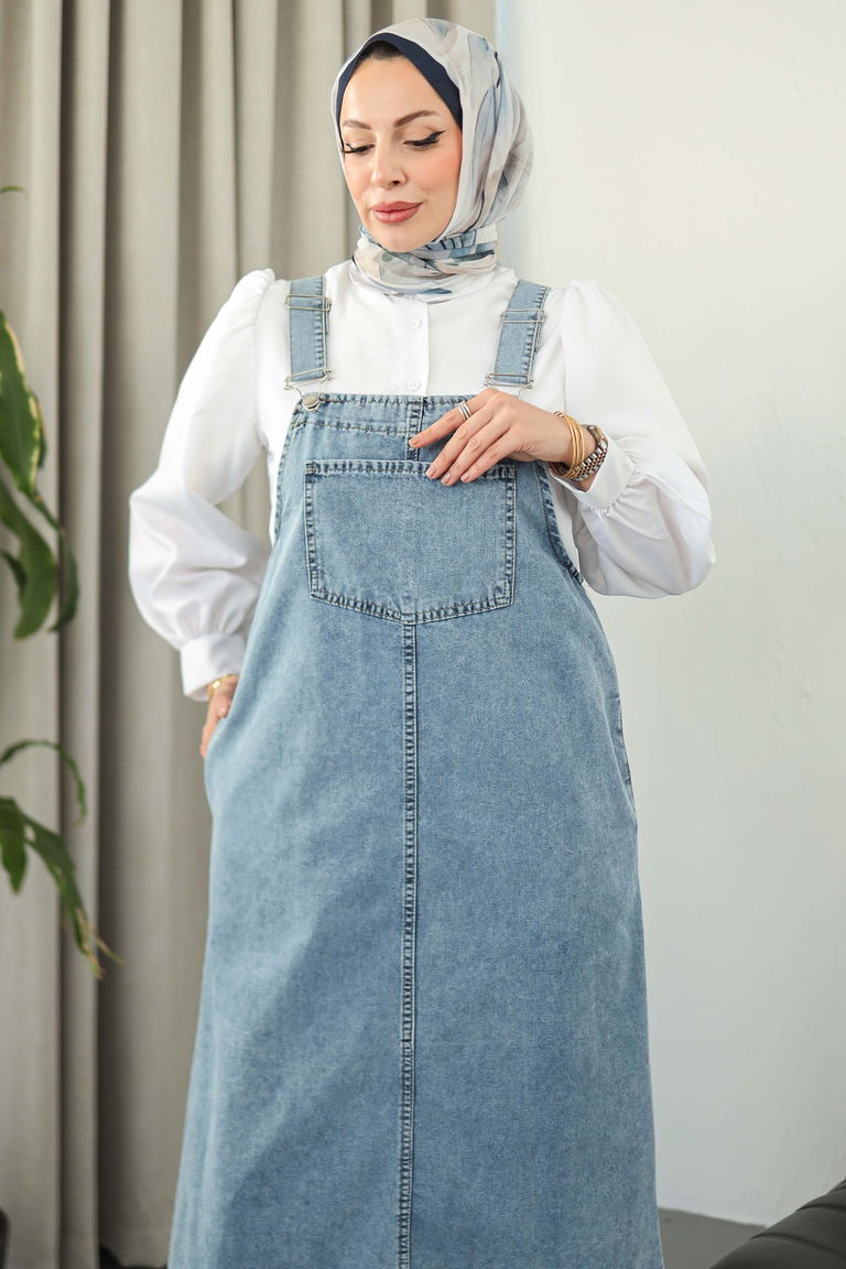 Cep Detaylı Askılı kot Salopet - 27833-BUZ-MAVI - TOFİSA