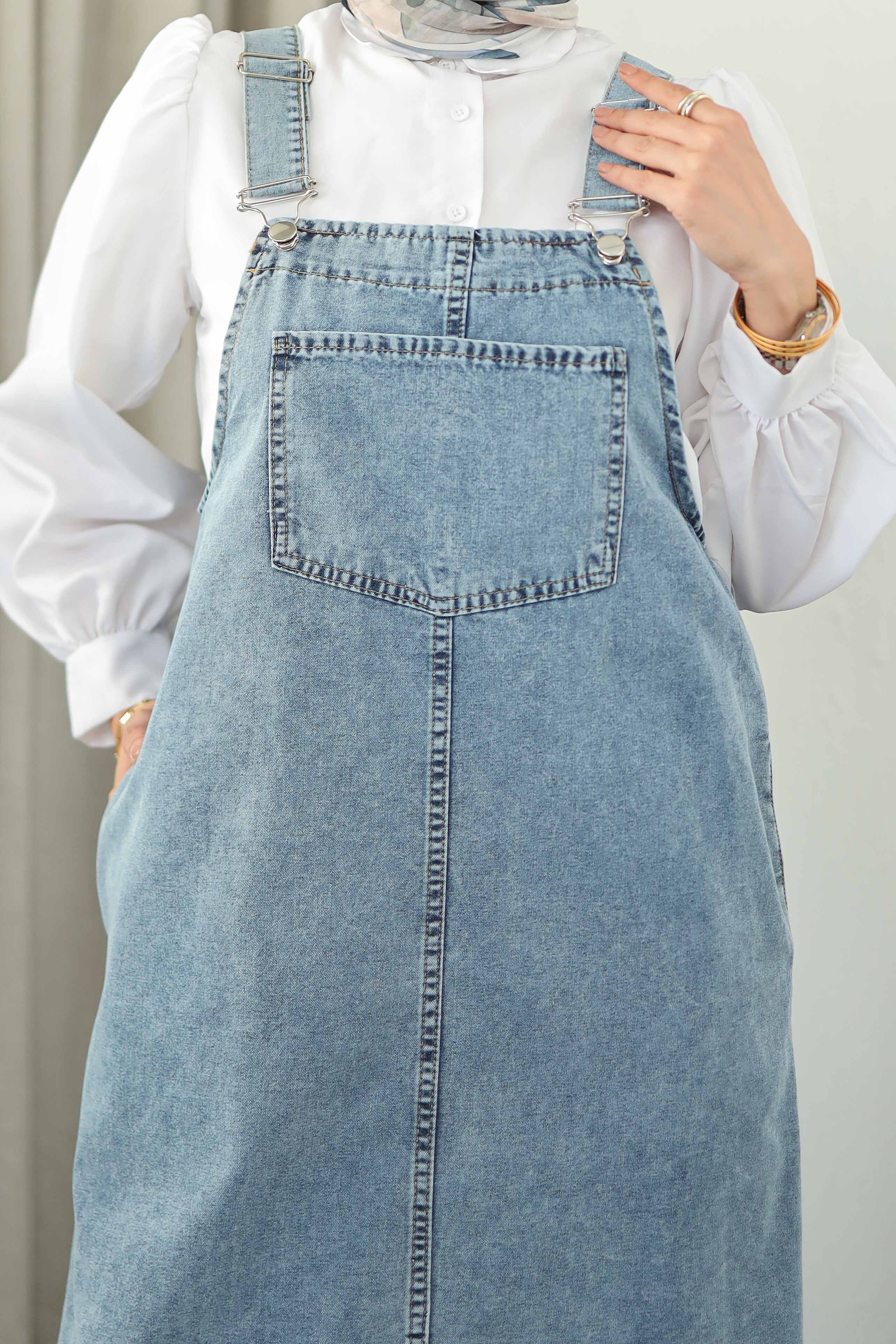 Cep Detaylı Askılı kot Salopet - 27833-BUZ-MAVI - 4