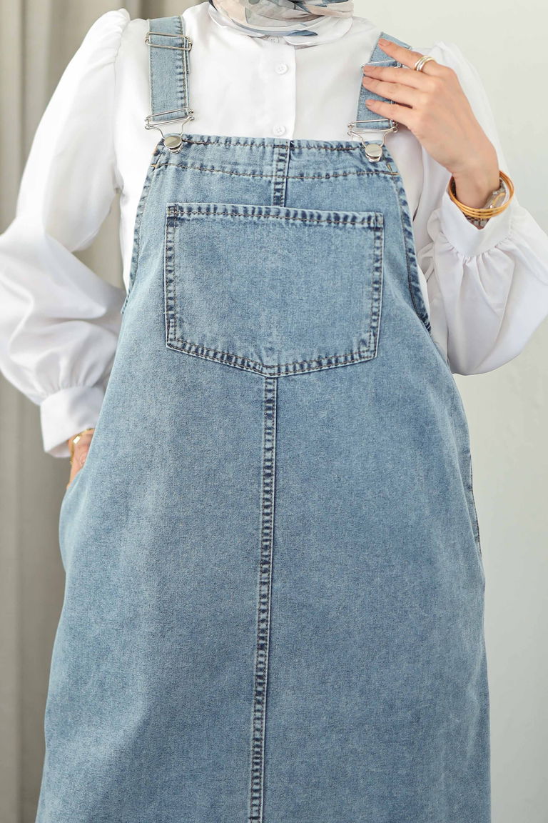 Cep Detaylı Askılı kot Salopet - 27833-BUZ-MAVI - TOFİSA